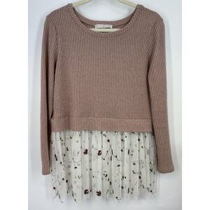 Cottagecore Coquette Rib Knit Sweater Feminine Floral Skirt Tulle Peplum Hem L